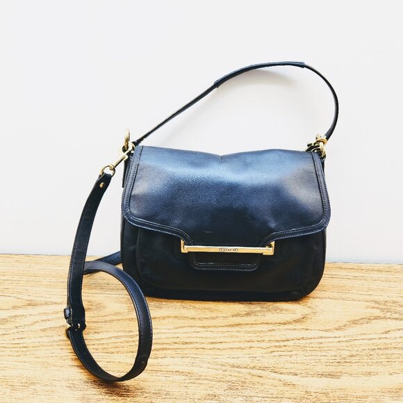 Coach Navy Leather Shoulder Bag with Gold Logo | Style F28625, 11" x 8.5" x 3" - Picture 1 of 10